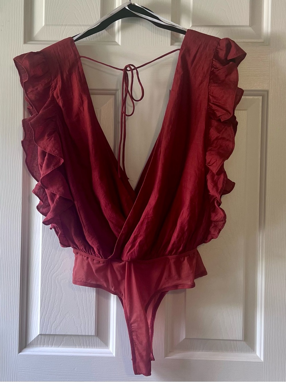 Lulu's Deep V Ruffle Tie-Back Bodysuit - Burgundy